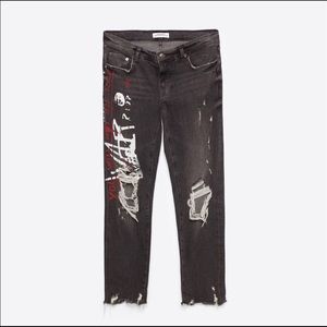 Zara Graffiti ripped Dark Gray Distressed Jean Sz6